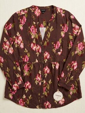 torrid Brown Floral Button-Front Blouse with Pink & Olive Accents